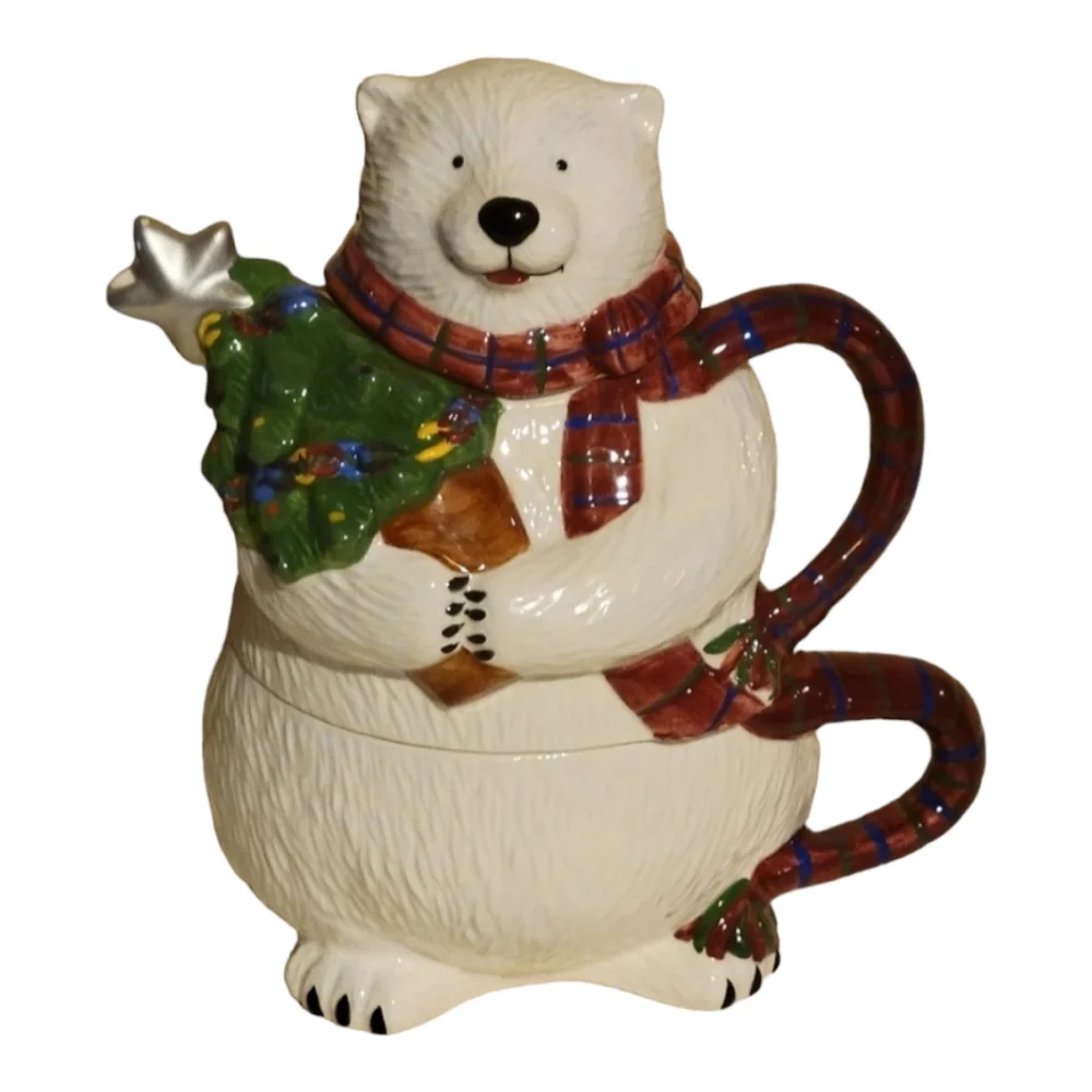 Vtg Pfaltzgraff Ceramic Glazed Polar Bear TeaPot W/Hot Chocolate Coffee Cup Mug